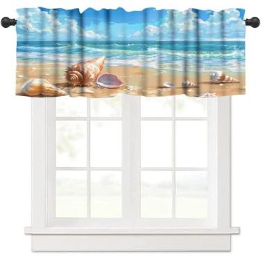 Imagem de Cortinas de saia de praia à beira-mar, cenário natural litorâneo tropical brilhante de verão, concha de onda, blecaute, decoração de casa, janelas curtas, tratamentos para quarto, cozinha, 137 x 45 cm