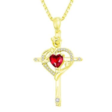 Imagem de CupidGift Colar de cruz para mulheres, banhado a ouro 14 K, banhado a ouro 18K, delicado coração, pedra do mês de nascimento, rosa, joias diárias, batismo, fé, aniversário, Natal, presentes de
