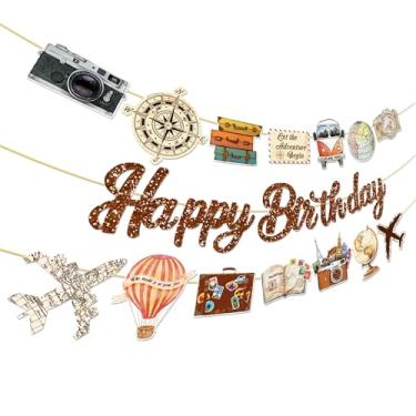 Imagem de CC HOME 3Pcs Travel Happy Birthday Banner Globe Camera Airplane Party Hanging Banner Retro Travel Theme Birthday Bridal Wedding Baby Shower Boys Girls Kids Home Classroom Party Supplies Decorations