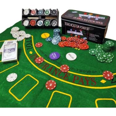 Imagem de JOGO PARA POKER 200 FICHAS NUMERADAS LATA 2 BARALHO E TOALHA PARA MONTAR