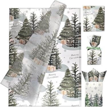 Imagem de LIAPAWPAW Papel de seda de Natal, padrão de pinheiro verde com presentes, papel de embrulho vintage em aquarela para sacolas de presente, embalagem, artesanato, decoração de festa, 30 folhas 50 x 35