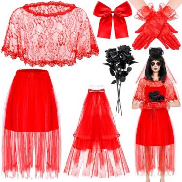 Imagem de Jecery Fantasia feminina de Halloween dos anos 80 gótico vermelho para casamento cosplay com blusa de renda vermelha, luvas, véu, laço de cabelo, broche de cabelo e rosa artificial preta para o Dia