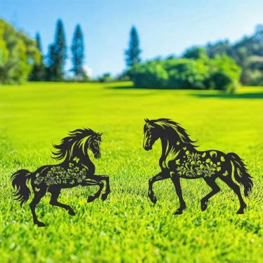 Imagem de GZDDYUMYJX Decoração de cavalo de metal para exterior, 2 peças de estátua de silhueta de cavalo preto, decoração de jardim, decoração externa, arte de quintal, enfeites de gramado, presentes (cavalo