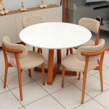 Imagem de Mesa de Jantar 115cm Redonda c/ 4 Cadeiras e Base em Madeira Natural -