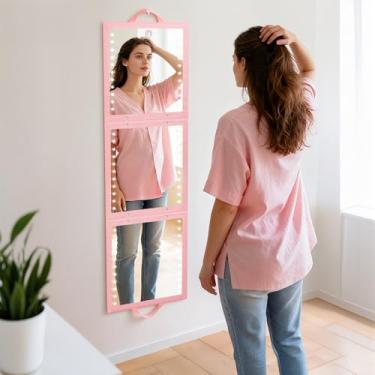 Imagem de Fabuday Espelho dobrável de corpo inteiro com luz para viagens - Espelho longo dobrável recarregável com três dobras, espelhos altos dobráveis portáteis para acampamento, trailer, dança, vestir, sobre