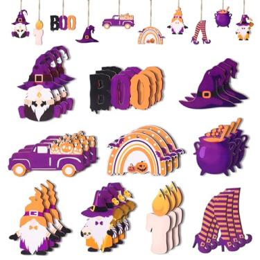 Imagem de Conjunto de 30 peças de enfeites de madeira para pendurar no Dia das Bruxas – chapéu de bruxa, caminhão de abóbora, gnomo, letras boo e decorações de caldeirão, ornamentos rústicos de árvore de