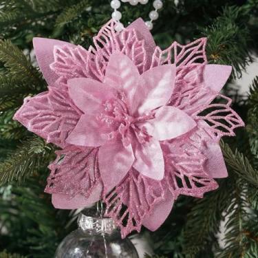 Imagem de YESKY Flores de poinsétia para árvore de Natal, 12 peças de flores de Natal com glitter, flores artificiais de poinsétia com clipes, hastes, enfeites de árvore de Natal para decoração de guirlanda de