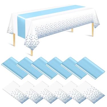 Imagem de Barafat Conjunto de 12 toalhas de mesa e corredor de mesa, decoração de festa, toalha de mesa descartável de plástico branco e azul e caminho de mesa de cetim para festa de aniversário de casamento