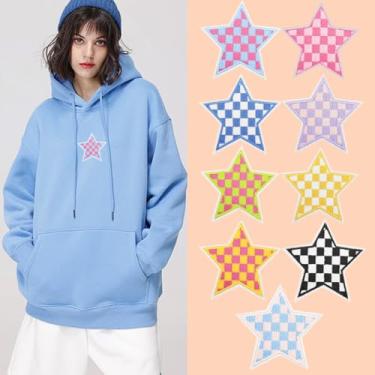 Imagem de 9 peças de remendos de ferro em estrela, 9 cores para o dia das corridas, remendos bordados costurados, aplique quadriculado clássico decorativo para roupas, chapéu, jeans, artesanato DIY