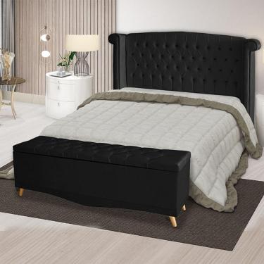 Imagem de Kit Cabeceira De Cama Box E Calçadeira Baú Malibu Queen 160 Cm Suede Preto Eli Móveis
