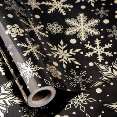 Imagem de RUSPEPA Rolo de papel de embrulho de Natal de floco de neve de folha dourada, mini rolo, elegante papel de embrulho de presente com design de floco de neve dourado e preto, perfeito para presentes de