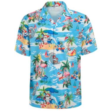 Imagem de Regenboog Camisa masculina patriótica de 4 de julho, estampa da bandeira dos EUA, camisa de botão de manga curta, camiseta masculina havaiana neon divertida de praia, Natal, azul, G