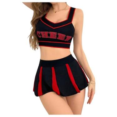 Imagem de SHENHE Conjunto de 2 peças de fantasia feminina de líder de torcida cosplay lingerie micro saia, Preto, XX-Large