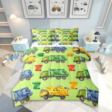 Imagem de Erosebridal Conjunto de cama solteiro com 7 peças, caminhões de lixo para meninos, conjunto de edredom com lençóis, cama de carro de desenho animado em uma bolsa para decoração de quarto de