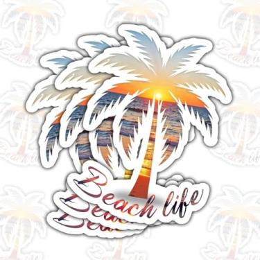 Imagem de (3 peças) Adesivo Beach Life – Decalque de vinil de palmeira estético pôr do sol à prova d'água para laptop, garrafa de água, refrigerador, bagagem, prancha de surfe – 7,6 cm