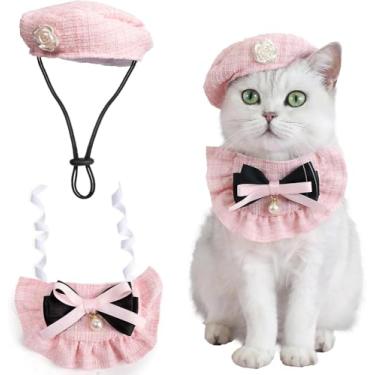 Imagem de Kit Fantasia Pet Princesa 2 Peças – Boina Retrô com Camélia + Gravata/Bandana Ajustável para Gatos e Cães de Pequeno e Médio Porte – Rosa Elegante para Aniversário, Natal e Festas Temáticas