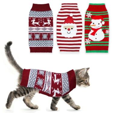 Imagem de GOYOSWA Pacote com 3 suéteres de Natal para gatos, suéteres de malha para gatos de estimação, casaco quente, roupas de Papai Noel, rena, boneco de neve, suéter de Natal para gatos, gatinhos, filhotes