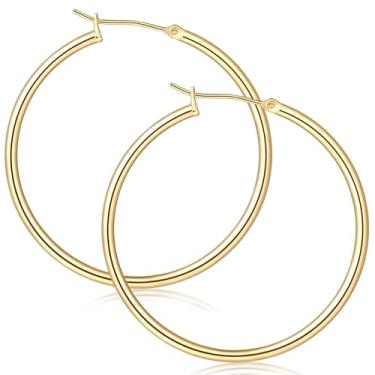 Imagem de PWQIEE Brincos de argola de ouro 14K para mulheres, brincos de argola de ouro para mulheres, redondo, todos os dias, sensíveis, hipoalergênicos, brincos para mulheres 20/25/30/35/40/45/50 mm, 50mm, 14