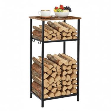 Imagem de Fiwochic Suporte de lenha de 2 andares, mesa de centro interna, suporte de lenha de metal de 82 cm com 4 ganchos para pendurar, suporte de madeira resistente, organizador de empilhador para lareira