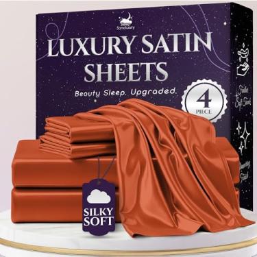Imagem de SLEEP SANCTUARY Lençóis de cetim King Size – Conjunto de cama sedosa de luxo de 4 peças, mais macio que seda, bolso profundo de 38 cm, refrescante e sem rugas, absorvente de umidade e respirável para