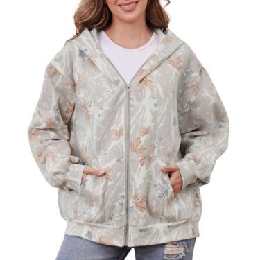 Imagem de Moletom feminino Eutten camuflado com zíper e estampa de folhas de áce