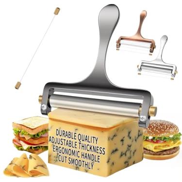 Imagem de TOPULORS Cortador de queijo, fio de aço inoxidável, fatiador de queijo para mussarela, cheddar, gouda e mais queijo em bloco - fatiador resistente com 1 fio de corte extra de substituição - cinza