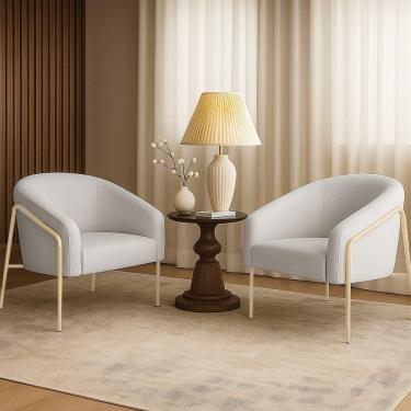 Imagem de Poltrona Sala Industrial Alta Champanhe Kit 2 Stella Linho Cinza D03 - D`rossi