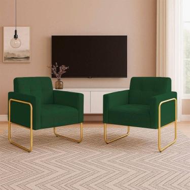 Imagem de Poltrona Sala Industrial Alta Tubo Dourado Kit 2 Elisa Veludo D03 - D`rossi Cor Verde