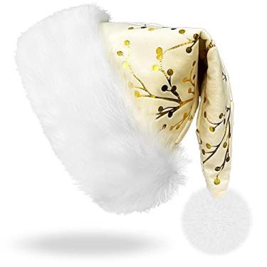 Imagem de Chapéu de Papai Noel, chapéu de pelúcia de camada dupla com estampa de ramo de flores, chapéu de Papai Noel, confortável para adultos