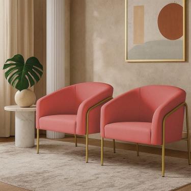 Imagem de Poltrona Sala Industrial Alta Dourado Kit 2 Stella Suede Rosê D03 - D`rossi