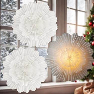 Imagem de Glooglitter Conjunto de 3 lanternas de estrela de floco de neve de Natal, lanternas de estrela 3D, luzes de LED, decoração de festa de inverno, enfeite de lâmpada branca pendurada, Natal, Ano Novo