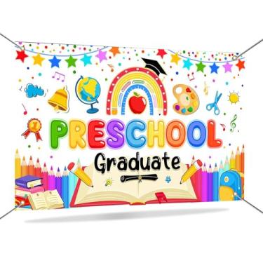 Imagem de Mocsicka Pano de fundo de faixa de pós-graduação pré-escolar 2025 colorido arco-íris crianças pré-escola decoração de formatura livro lápis jardim de infância sala de aula fundo foto 177 x 119