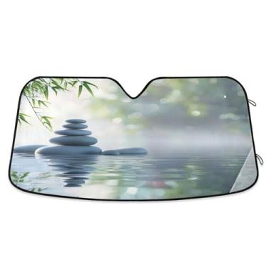 Imagem de ATTX Belas pedras de bambu para-sol para para-brisas de carro 134.6 cm x 59.7 cm escudo solar universal com proteção UV, persiana de janela frontal automática dobrável para Sedans SUVs caminhões #110