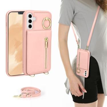 Imagem de Jcxtrombulous Capa carteira transversal para Galaxy A15 com alça de cordão, compartimento para cartão, bloqueio RFID, suporte de anel de 360°, capa flip magnética com zíper, bolsa de couro PU, ouro