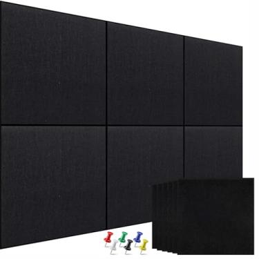 Imagem de Quadro de avisos grande de cortiça para parede 91 cm x 61 cm, pacote com 6 placas de feltro preto com 30 pinos e 36 abas adesivas removíveis seguras, azulejos de parede de feltro para escritório