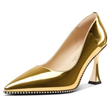 Imagem de Aachcol Sapato feminino stiletto bico fino couro envernizado salto gatinho sem cadarço vestido de festa com contas, Dourado, 37