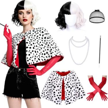 Imagem de QIHUACOSPVC Pacote com 6 xaile preto e branco dálmata, fantasia feminina de Halloween dálmata com luva para adultos