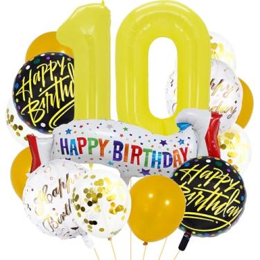 Imagem de Balões amarelos número 10. Balões de alumínio grandes de aniversário amarelos, balões coloridos de 10 anos para decoração de festa de aniversário de 10 anos, suprimentos de decoração de festa de
