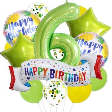 Imagem de Conjunto de decoração de 6º aniversário verde, balão de 6º coração, balão colorido de feliz aniversário de 6 anos para meninas, meninos, crianças, adultos, artigos de festa, meninos, verde limão