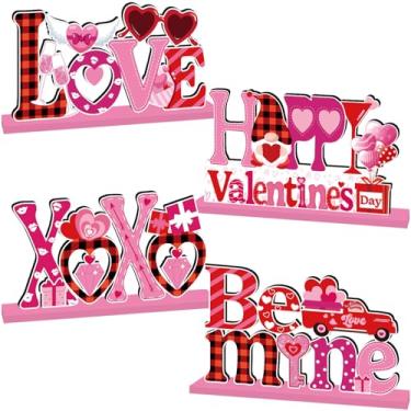 Imagem de 4Pcs Valentines Day Decorations Wooden Table Centerpieces Happy Valentines Day Table Decorations Pink Romantic Love Valentine's Day Tiered Tray Decor for Wedding Anniversary Party