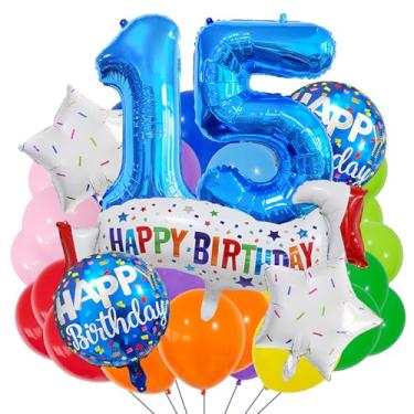 Imagem de Conjunto de decoração de aniversário de 15 anos, conjunto de decoração de 15 anos azul colorido balão de banner de feliz aniversário de 15 anos para meninas, meninos, crianças, adultos, decoração de