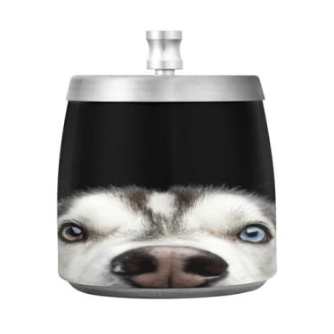 Imagem de Qilmy Husky Dog Cinzeiro de aço inoxidável com tampa - Cinzeiro de cigarro à prova de vento sem cheiro sem fumaça para casa, escritório, carro, pátio, varanda (uso interno e externo)