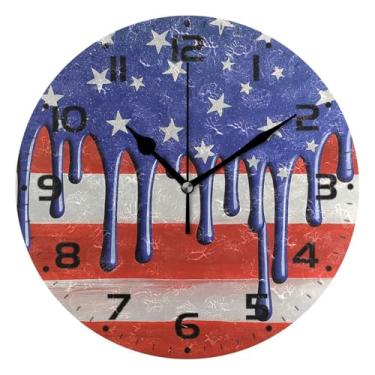 Imagem de JUZIHAI Relógio de parede com bandeira americana, silencioso, redondo, sem tique-taque, operado por bateria, fácil de ler, relógio decorativo de parede para casa, cozinha, sala de estar, quarto