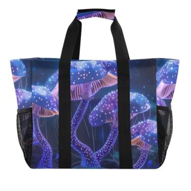 Imagem de ODAWA Bolsas de praia laváveis abertas para mãe, cogumelos psicodélicos, roxa, impermeável, bolsa de praia para piscina, Cogumelos psicodélicos roxos, One Size