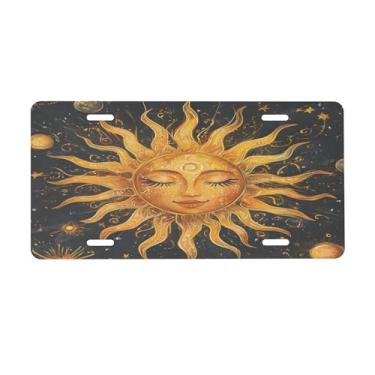 Imagem de Placa de licença mandala amarela sol para frente do carro placas de carro alumínio metal adequado para caminhão, placa de porta de carro, bar, café, acessórios automotivos para homens e mulheres 15 x