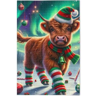 Imagem de Quebra-cabeça fofo de vaca Highland de Natal personalizado para adultos 500 peças pintura de arte floral divertida família quebra-cabeça amantes presentes quebra-cabeça para família, 52 cm x 37,8 cm