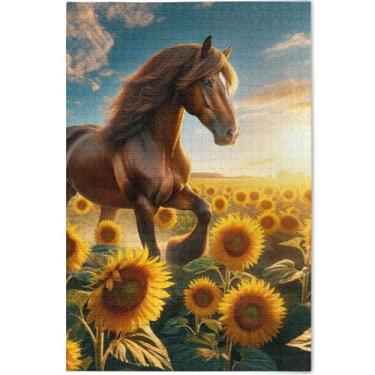 Imagem de Quebra-cabeça de cavalo girassóis para adultos, 500 peças, presentes tecnológicos para amantes, quebra-cabeças legais e exclusivos, arte de jogo de brinquedo personalizado, 52 cm x 37,8 cm