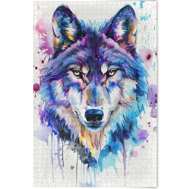 Imagem de Quebra-cabeça colorido de lobo aquarela, 1000 peças, adulto, tecnologia, jogos, presentes, cena, quebra-cabeças coloridos, pintura de arte floral, 75 x 50 cm
