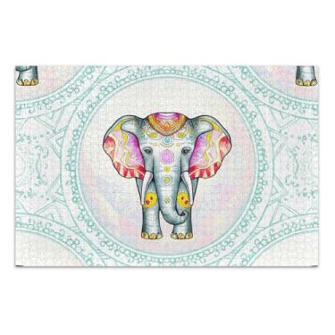 Imagem de Quebra-cabeça Jigsaw 500 peças adultos elefante branco presentes de festa aquarela elefante branco azul divertido quebra-cabeça rígido animal arte colorida, 50 x 35 centímetros
