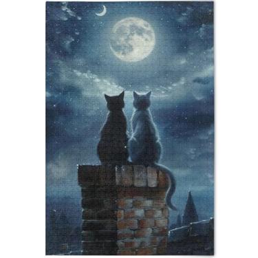 Imagem de Quebra-cabeça de pintura gatos lua noite personalizado adulto 1000 peças presentes engraçados tecnologia jogo único colorido cenário animal arte, 75 cm x 50 cm